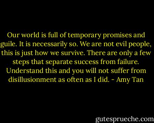 Our world is full of temporary promises and guile. It is necessarily so. We are not evil people, this is just how we survive. There are only a few steps that separate success from failure. Understand this and you will not suffer from disillusionment as often as I did. - Amy Tan