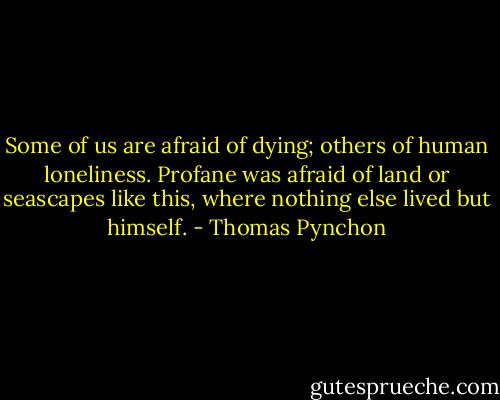 Some of us are afraid of dying; others of human loneliness. Profane was afraid of land or seascapes like this, where nothing else lived but himself. - Thomas Pynchon
