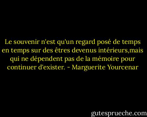 Le souvenir n'est qu'un regard posé de temps en temps sur des êtres devenus intérieurs,mais qui ne dépendent pas de la mémoire pour continuer d'exister. - Marguerite Yourcenar