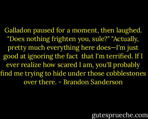 Galladon paused for a moment, then laughed. "Does nothing frighten you, sule?"<br />"Actually, pretty much everything here does—I'm just good at ignoring the fact <br />that I'm terrified. If I ever realize how scared I am, you'll probably find me trying to hide under those cobblestones over there. - Brandon Sanderson