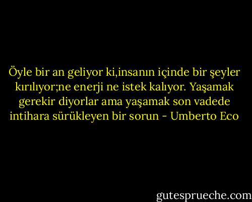 Öyle bir an geliyor ki,insanın içinde bir şeyler kırılıyor;ne enerji ne istek kalıyor. Yaşamak gerekir diyorlar ama yaşamak son vadede intihara sürükleyen bir sorun - Umberto Eco
