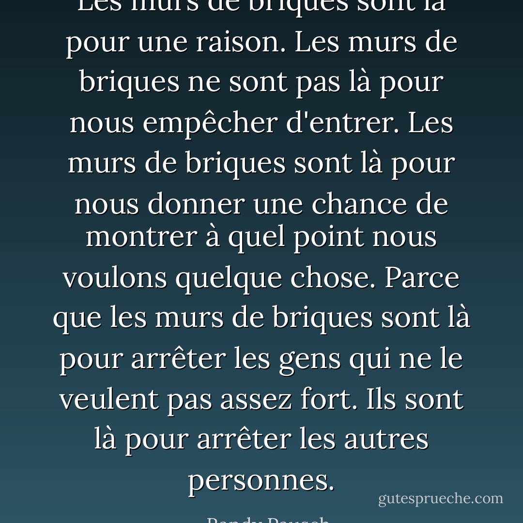 Les murs de briques sont là pour une raison. Les murs de briques ne sont pas là pour nous empêcher d'entrer. Les murs de briques sont là pour nous donner une chance de montrer à quel point nous voulons quelque chose. Parce que les murs de briques sont là pour arrêter les gens qui ne le veulent pas assez fort. Ils sont là pour arrêter les autres personnes. - Randy Pausch