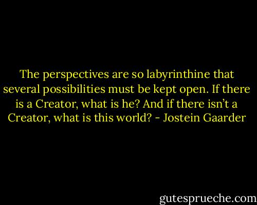 The perspectives are so labyrinthine that several possibilities must be kept open. If there is a Creator, what is he? And if there isn’t a Creator, what is this world? - Jostein Gaarder