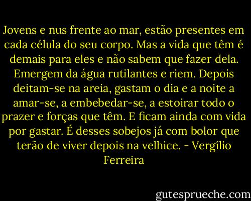 Jovens e nus frente ao mar, estão presentes em cada célula do seu corpo. Mas a vida que têm é demais para eles e não sabem que fazer dela. Emergem da água rutilantes e riem. Depois deitam-se na areia, gastam o dia e a noite a amar-se, a embebedar-se, a estoirar todo o prazer e forças que têm. E ficam ainda com vida por gastar. É desses sobejos já com bolor que terão de viver depois na velhice. - Vergílio Ferreira
