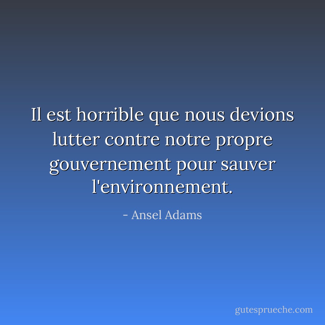 Il est horrible que nous devions lutter contre notre propre gouvernement pour sauver l'environnement. - Ansel Adams