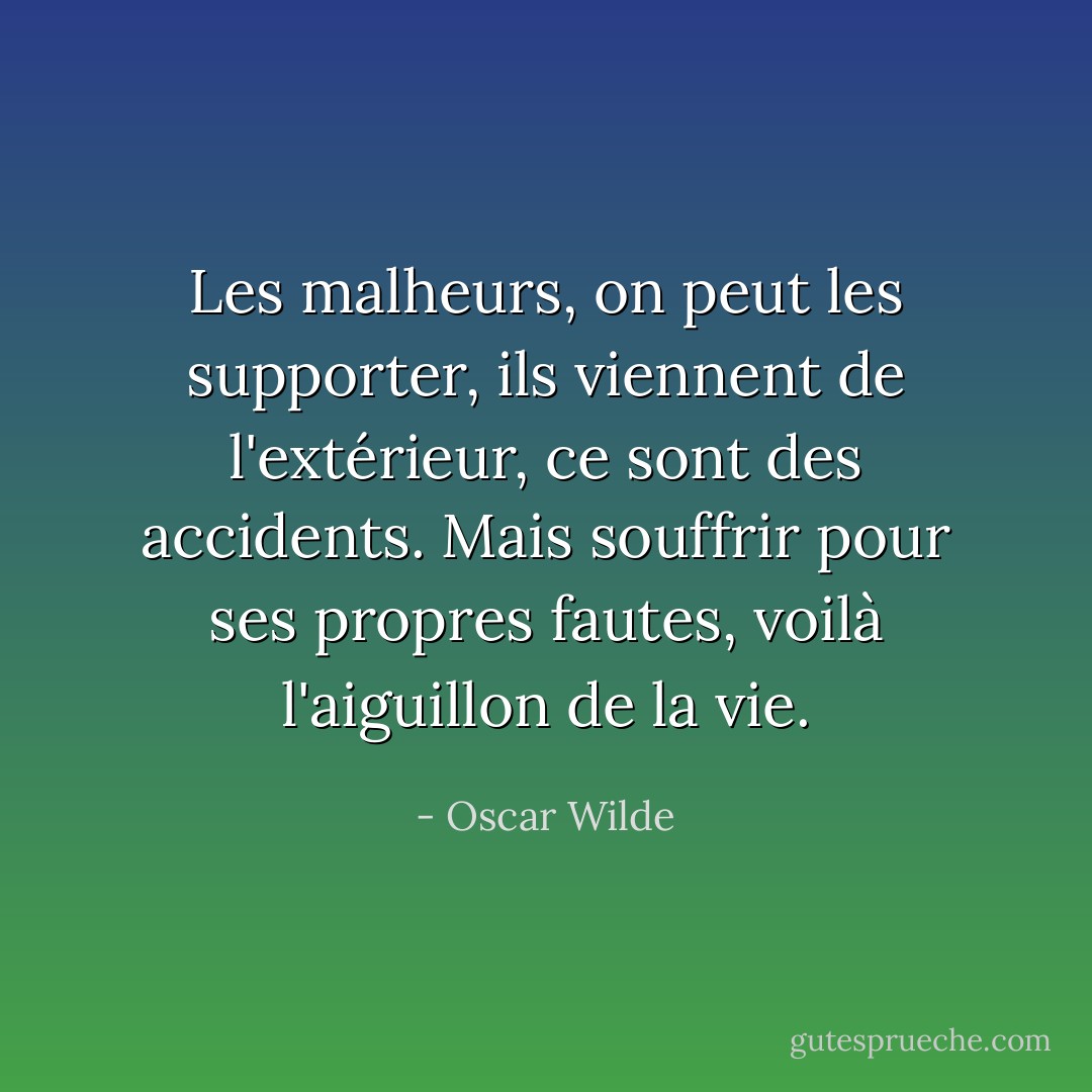 Les malheurs, on peut les supporter, ils viennent de l'extérieur, ce sont des accidents. Mais souffrir pour ses propres fautes, voilà l'aiguillon de la vie. - Oscar Wilde