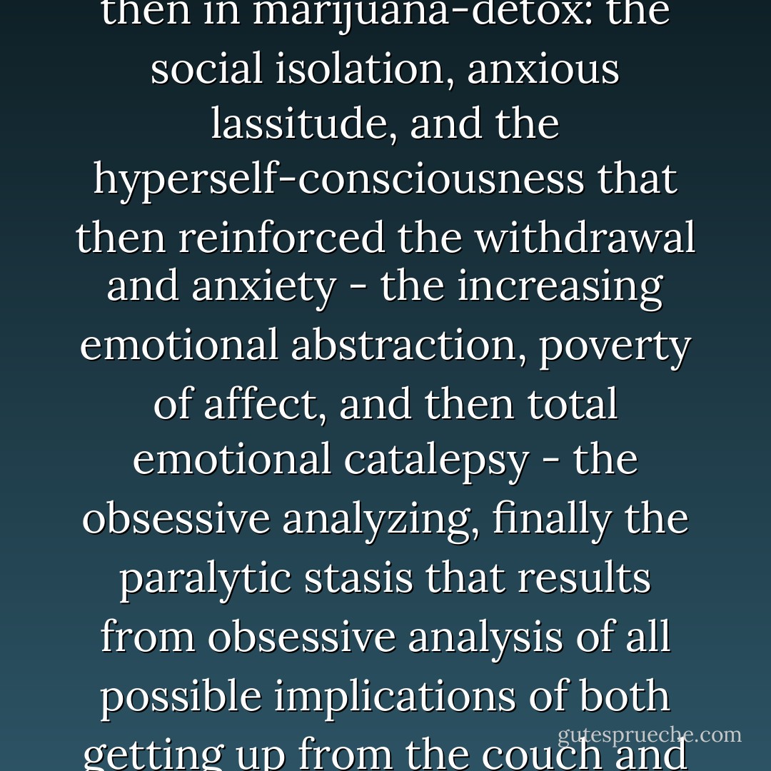 ...hideous psychic fallout they'd all endured both in active marijuana-dependency and then in marijuana-detox: the social isolation, anxious lassitude, and the hyperself-consciousness that then reinforced the withdrawal and anxiety - the increasing emotional abstraction, poverty of affect, and then total emotional catalepsy - the obsessive analyzing, finally the paralytic stasis that results from obsessive analysis of all possible implications of both getting up from the couch and not getting up from the couch... - David Foster Wallace