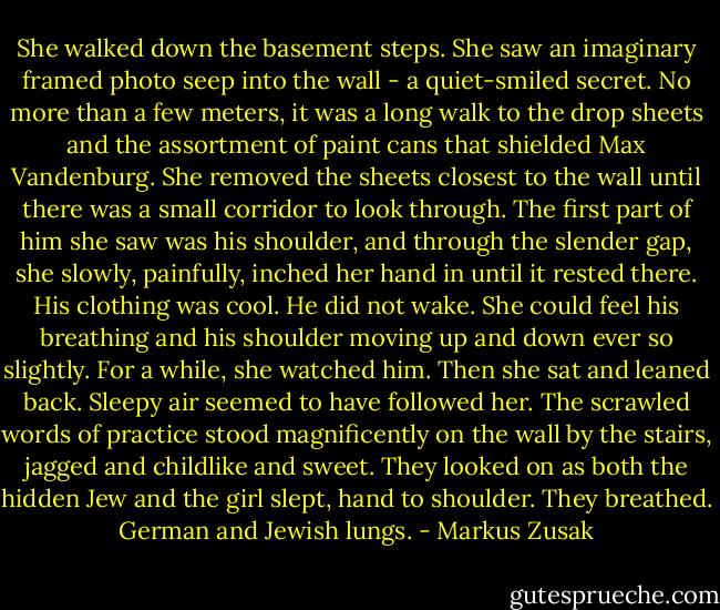She walked down the basement steps. She saw an imaginary framed photo seep into the wall - a quiet-smiled secret. No more than a few meters, it was a long walk to the drop sheets and the assortment of paint cans that shielded Max Vandenburg. She removed the sheets closest to the wall until there was a small corridor to look through. The first part of him she saw was his shoulder, and through the slender gap, she slowly, painfully, inched her hand in until it rested there. His clothing was cool. He did not wake.<br />She could feel his breathing and his shoulder moving up and down ever so slightly. For a while, she watched him. Then she sat and leaned back.<br />Sleepy air seemed to have followed her.<br />The scrawled words of practice stood magnificently on the wall by the stairs, jagged and childlike and sweet. They looked on as both the hidden Jew and the girl slept, hand to shoulder.<br />They breathed.<br />German and Jewish lungs. - Markus Zusak