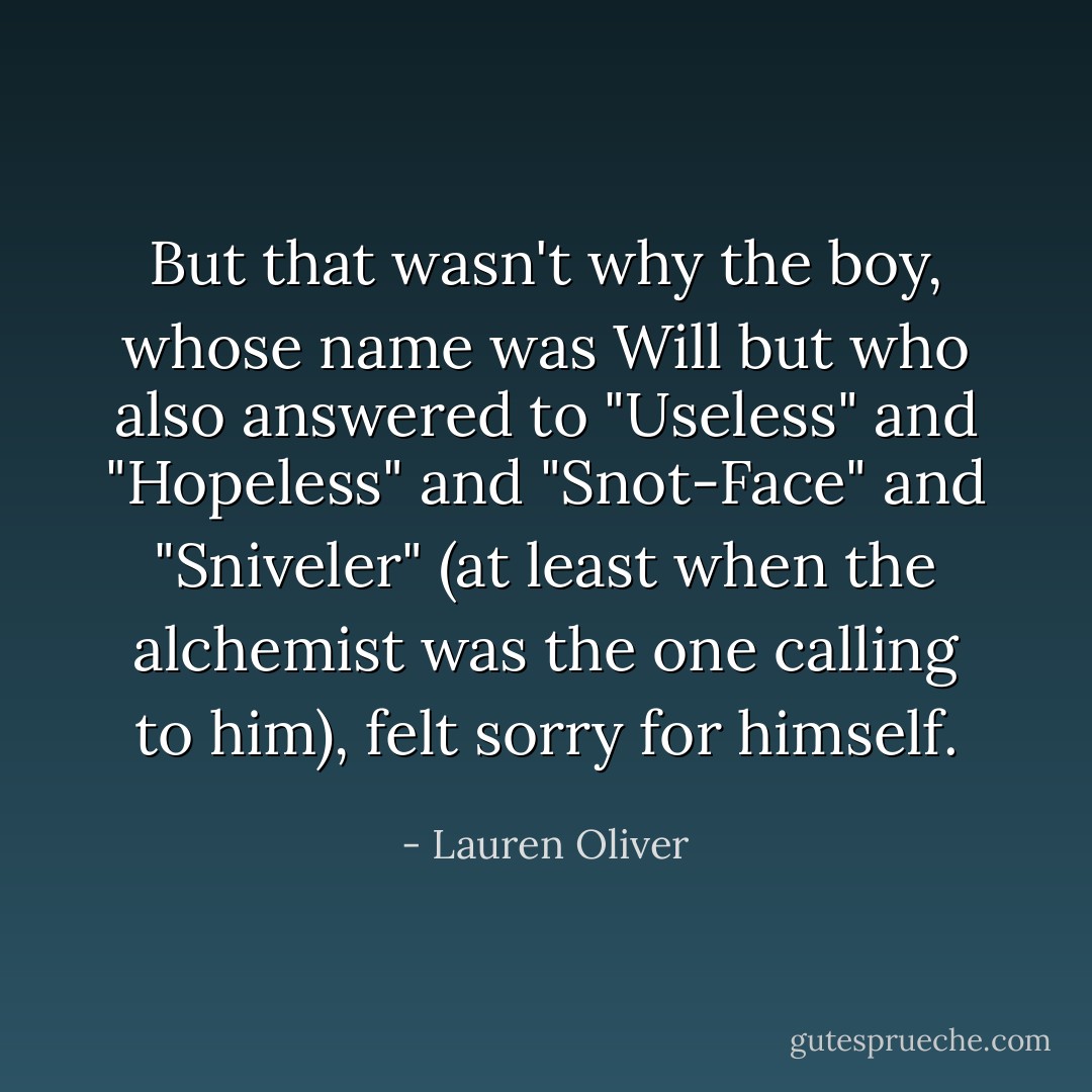But that wasn't why the boy, whose name was Will but who also answered to "Useless" and "Hopeless" and "Snot-Face" and "Sniveler" (at least when the alchemist was the one calling to him), felt sorry for himself. - Lauren Oliver
