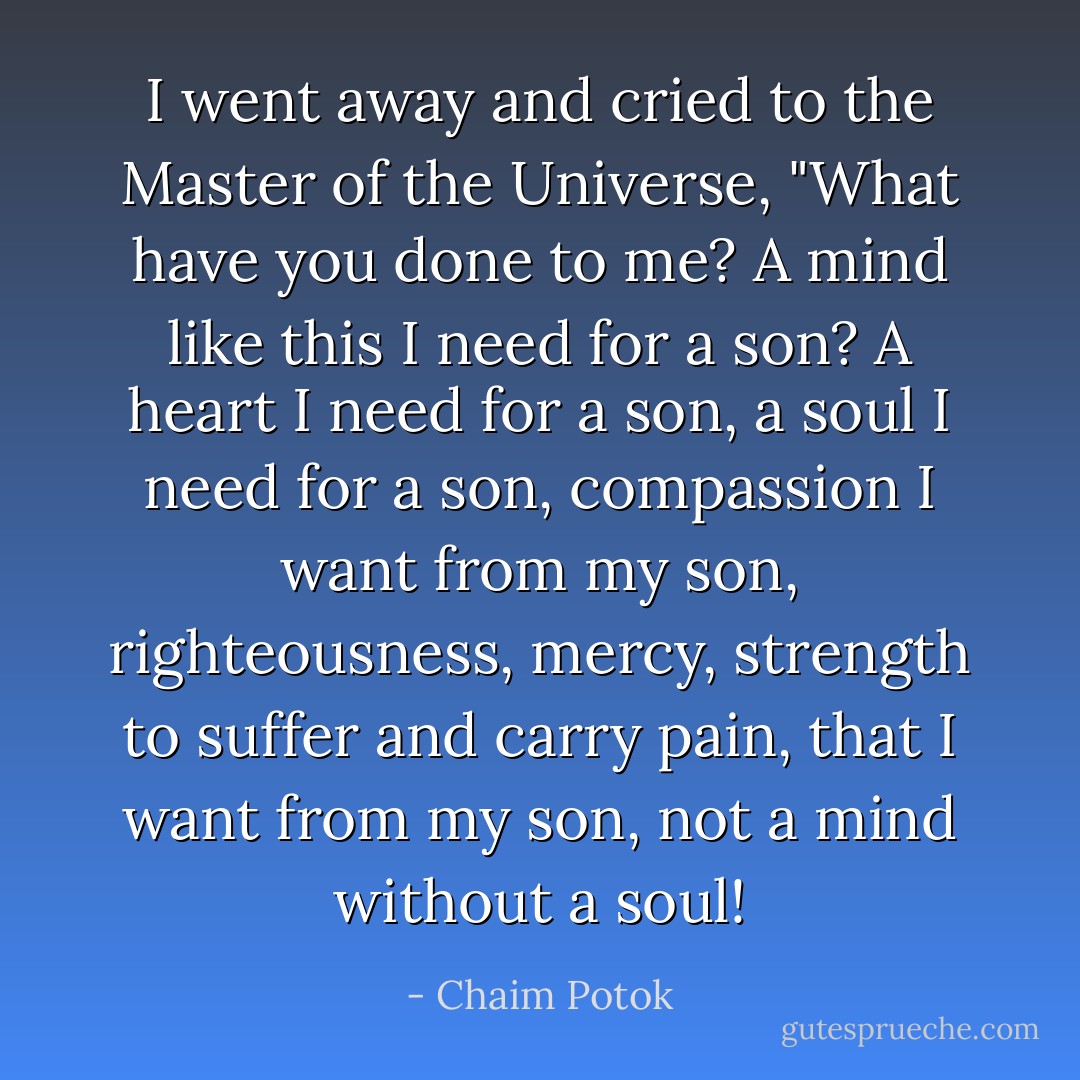 I went away and cried to the Master of the Universe, "What have you done to me? A mind like this I need for a son? A heart I need for a son, a soul I need for a son, compassion I want from my son, righteousness, mercy, strength to suffer and carry pain, that I want from my son, not a mind without a soul! - Chaim Potok