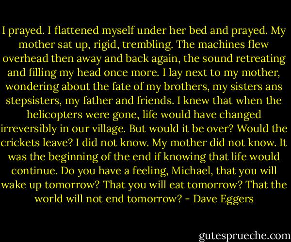 I prayed. I flattened myself under her bed and prayed. My mother sat up, rigid, trembling. The machines flew overhead then away and back again, the sound retreating and filling my head once more.<br />I lay next to my mother, wondering about the fate of my brothers, my sisters ans stepsisters, my father and friends. I knew that when the helicopters were gone, life would have changed irreversibly in our village. But would it be over? Would the crickets leave? I did not know. My mother did not know. It was the beginning of the end if knowing that life would continue. Do you have a feeling, Michael, that you will wake up tomorrow? That you will eat tomorrow? That the world will not end tomorrow? - Dave Eggers