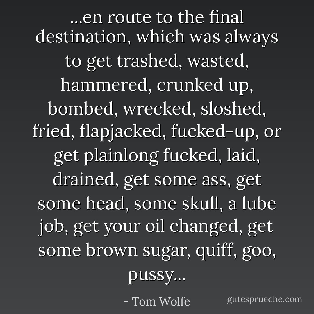 ...en route to the final destination, which was always to get trashed, wasted, hammered, crunked up, bombed, wrecked, sloshed, fried, flapjacked, fucked-up, or get plainlong fucked, laid, drained, get some ass, get some head, some skull, a lube job, get your oil changed, get some brown sugar, quiff, goo, pussy... - Tom Wolfe
