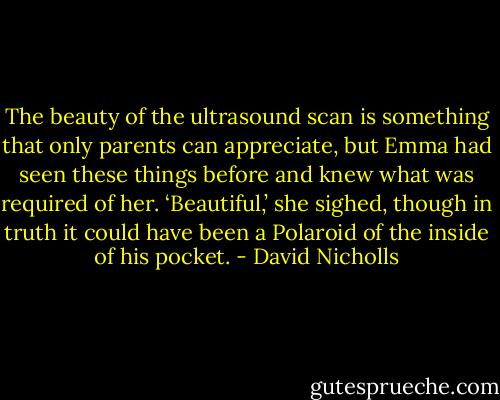 The beauty of the ultrasound scan is something that only parents can appreciate, but Emma had seen these things before and knew what was required of her. ‘Beautiful,’ she sighed, though in truth it could have been a Polaroid of the inside of his pocket. - David Nicholls