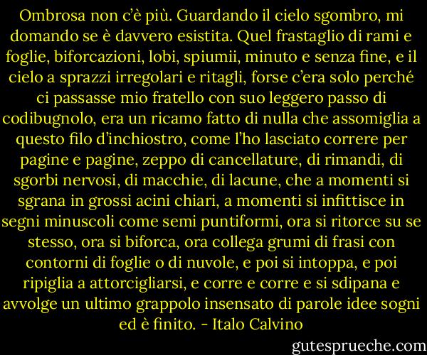Ombrosa non c’è più. Guardando il cielo sgombro, mi domando se è davvero esistita. Quel frastaglio di rami e foglie, biforcazioni, lobi, spiumii, minuto e senza fine, e il cielo a sprazzi irregolari e ritagli, forse c’era solo perché ci passasse mio fratello con suo leggero passo di codibugnolo, era un ricamo fatto di nulla che assomiglia a questo filo d’inchiostro, come l’ho lasciato correre per pagine e pagine, zeppo di cancellature, di rimandi, di sgorbi nervosi, di macchie, di lacune, che a momenti si sgrana in grossi acini chiari, a momenti si infittisce in segni minuscoli come semi puntiformi, ora si ritorce su se stesso, ora si biforca, ora collega grumi di frasi con contorni di foglie o di nuvole, e poi si intoppa, e poi ripiglia a attorcigliarsi, e corre e corre e si sdipana e avvolge un ultimo grappolo insensato di parole idee sogni ed è finito. - Italo Calvino