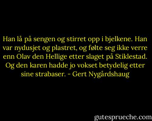 Han lå på sengen og stirret opp i bjelkene. Han var nydusjet og plastret, og følte seg ikke verre enn Olav den Hellige etter slaget på Stiklestad. Og den karen hadde jo vokset betydelig etter sine strabaser. - Gert Nygårdshaug