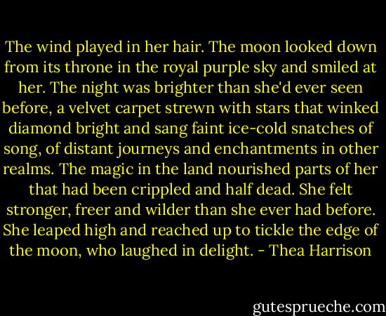 The wind played in her hair. The moon looked down from its throne in the royal purple sky and smiled at her. The night was brighter than she'd ever seen before, a velvet carpet strewn with stars that winked diamond bright and sang faint ice-cold snatches of song, of distant journeys and enchantments in other realms. The magic in the land nourished parts of her that had been crippled and half dead. She felt stronger, freer and wilder than she ever had before. She leaped high and reached up to tickle the edge of the moon, who laughed in delight. - Thea Harrison