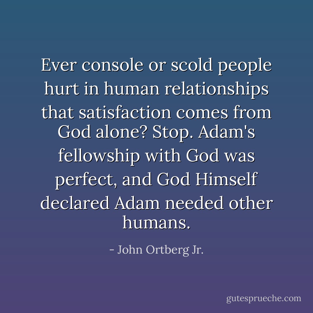 Ever console or scold people hurt in human relationships that satisfaction comes from God alone? Stop. Adam's fellowship with God was perfect, and God Himself declared Adam needed other humans. - John Ortberg Jr.