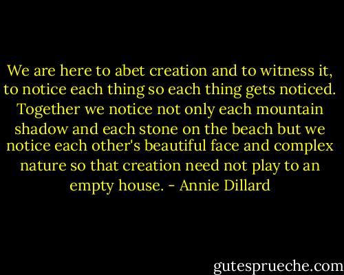We are here to abet creation and to witness it, to notice each thing so each thing gets noticed. Together we notice not only each mountain shadow and each stone on the beach but we notice each other's beautiful face and complex nature so that creation need not play to an empty house. - Annie Dillard