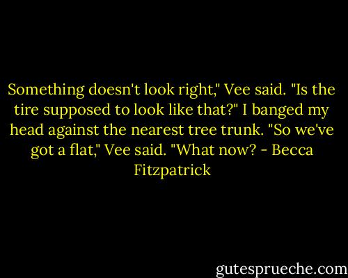 Something doesn't look right," Vee said. "Is the tire supposed to look like that?"<br />I banged my head against the nearest tree trunk.<br />"So we've got a flat," Vee said. "What now? - Becca Fitzpatrick
