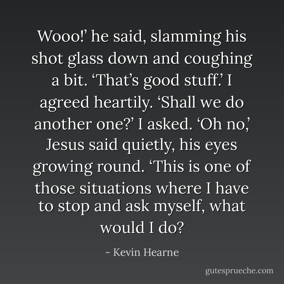 Wooo!’ he said, slamming his shot glass down and coughing a bit. ‘That’s good stuff.’<br />I agreed heartily. ‘Shall we do another one?’ I asked.<br />‘Oh no,’ Jesus said quietly, his eyes growing round. ‘This is one of those situations where I have to stop and ask myself, what would I do? - Kevin Hearne