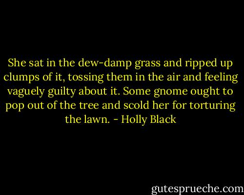 She sat in the dew-damp grass and ripped up clumps of it, tossing them in the air and feeling vaguely guilty about it. Some gnome ought to pop out of the tree and scold her for torturing the lawn. - Holly Black