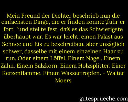Mein Freund der Dichter beschrieb nun die einfachsten Dinge, die er finden konnte",fuhr er fort, "und stellte fest, daß es das Schwierigste überhaupt war. Es war leicht, einen Palast aus Schnee und Eis zu beschreiben, aber unsäglich schwer, dasselbe mit einem einzelnen Haar zu tun. Oder einem Löffel. Einem Nagel. Einem Zahn. Einem Salzkorn. Einem Holzsplitter. Einer Kerzenflamme. Einem Wassertropfen. - Walter Moers