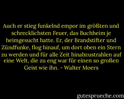 Auch er stieg funkelnd empor im größten und schrecklichsten Feuer, das Buchheim je heimgesucht hatte. Er, der Brandstifter und Zündfunke, flog hinauf, um dort oben ein Stern zu werden und für alle Zeit hinabzustrahlen auf eine Welt, die zu eng war für einen so großen Geist wie ihn. - Walter Moers