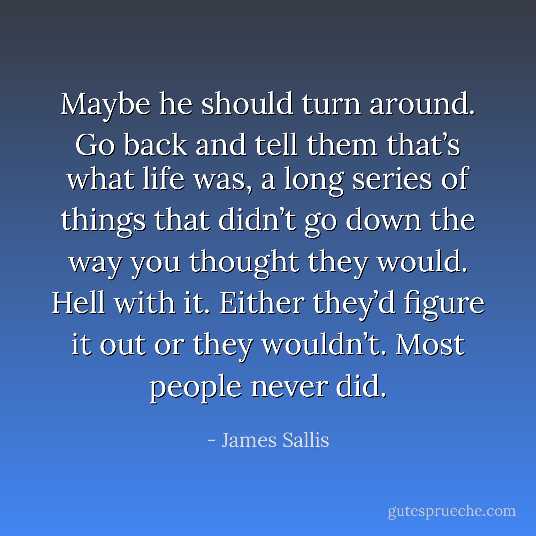 Maybe he should turn around. Go back and tell them that’s what life was, a long series of things that didn’t go down the way you thought they would.<br />Hell with it. Either they’d figure it out or they wouldn’t. Most people never did. - James Sallis