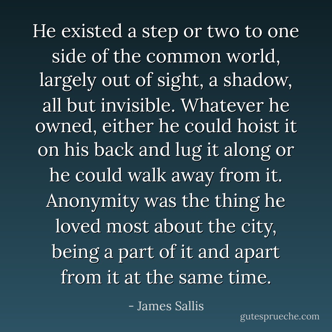 He existed a step or two to one side of the common world, largely out of sight, a shadow, all but invisible. Whatever he owned, either he could hoist it on his back and lug it along or he could walk away from it. Anonymity was the thing he loved most about the city, being a part of it and apart from it at the same time. - James Sallis