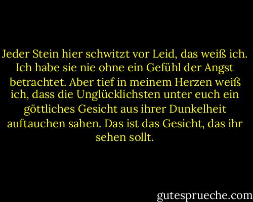 Jeder Stein hier schwitzt vor Leid, das weiß ich. Ich habe sie nie ohne ein Gefühl der Angst betrachtet. Aber tief in meinem Herzen weiß ich, dass die Unglücklichsten unter euch ein göttliches Gesicht aus ihrer Dunkelheit auftauchen sahen. Das ist das Gesicht, das ihr sehen sollt. - Albert Camus<