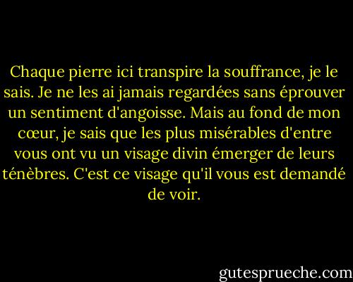 Chaque pierre ici transpire la souffrance, je le sais. Je ne les ai jamais regardées sans éprouver un sentiment d'angoisse. Mais au fond de mon cœur, je sais que les plus misérables d'entre vous ont vu un visage divin émerger de leurs ténèbres. C'est ce visage qu'il vous est demandé de voir. - Albert Camus
