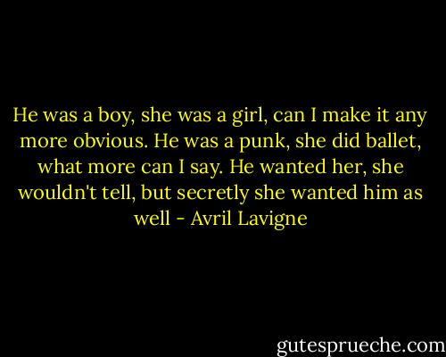 He was a boy, she was a girl, can I make it any more obvious. He was a punk, she did ballet, what more can I say. He wanted her, she wouldn't tell, but secretly she wanted him as well - Avril Lavigne