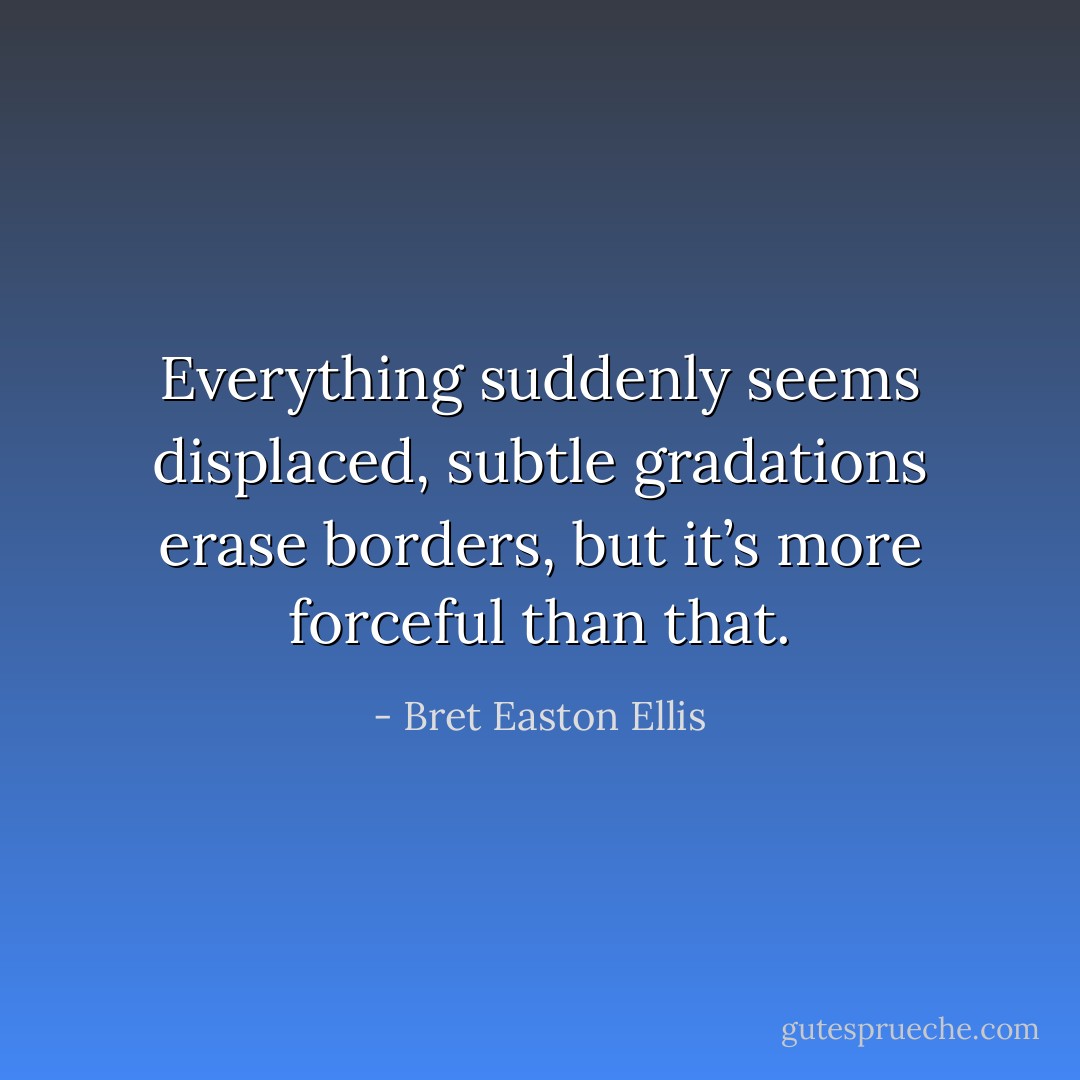 Everything suddenly seems displaced, subtle gradations erase borders, but it’s more forceful than that. - Bret Easton Ellis