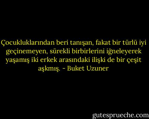 Çocukluklarından beri tanışan, fakat bir türlü iyi geçinemeyen, sürekli birbirlerini iğneleyerek yaşamış iki erkek arasındaki ilişki de bir çeşit aşkmış. - Buket Uzuner