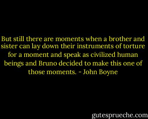 But still there are moments when a brother and sister can lay down their instruments of torture for a moment and speak as civilized human beings and Bruno decided to make this one of those moments. - John Boyne