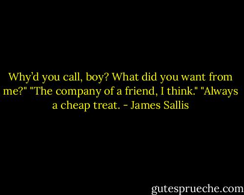 Why’d you call, boy? What did you want from me?"<br />"The company of a friend, I think."<br />"Always a cheap treat. - James Sallis