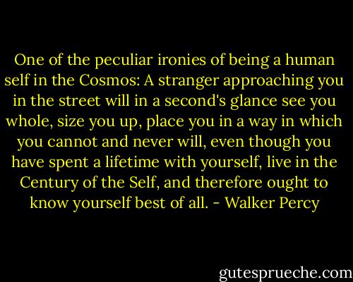 One of the peculiar ironies of being a human self in the Cosmos: A stranger approaching you in the street will in a second's glance see you whole, size you up, place you in a way in which you cannot and never will, even though you have spent a lifetime with yourself, live in the Century of the Self, and therefore ought to know yourself best of all. - Walker Percy