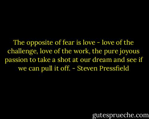 The opposite of fear is love - love of the challenge, love of the work, the pure joyous passion to take a shot at our dream and see if we can pull it off. - Steven Pressfield