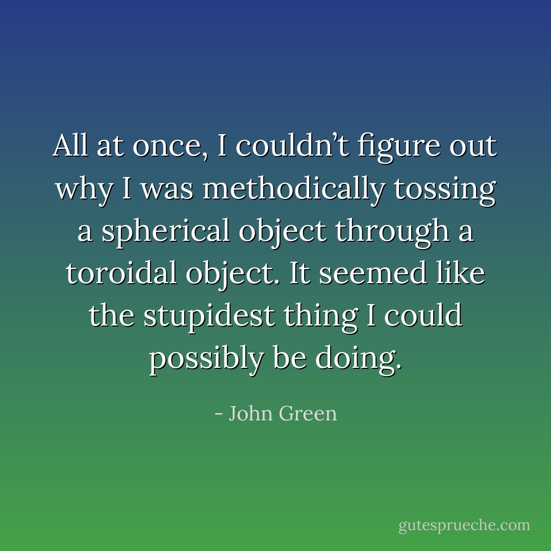 All at once, I couldn’t figure out why I was methodically tossing a spherical object through a toroidal object. It seemed like the stupidest thing I could possibly be doing. - John Green