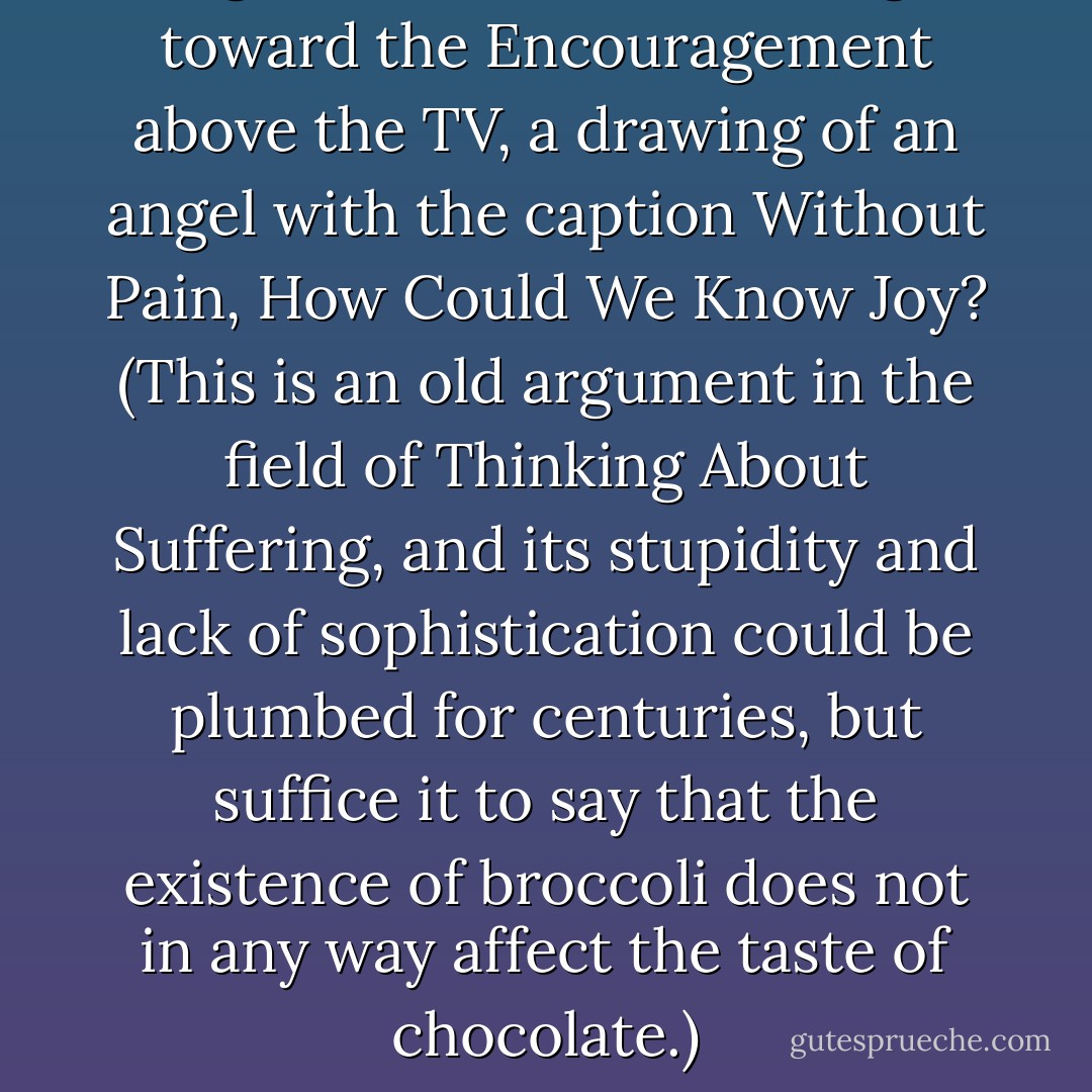 I guess I had been looking toward the Encouragement above the TV, a drawing of an angel with the caption Without Pain, How Could We Know Joy? (This is an old argument in the field of Thinking About Suffering, and its stupidity and lack of sophistication could be plumbed for centuries, but suffice it to say that the existence of broccoli does not in any way affect the taste of chocolate.) - John Green
