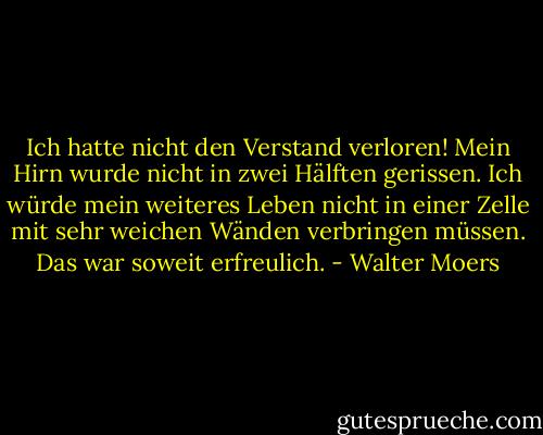 Ich hatte nicht den Verstand verloren! Mein Hirn wurde nicht in zwei Hälften gerissen. Ich würde mein weiteres Leben nicht in einer Zelle mit sehr weichen Wänden verbringen müssen. Das war soweit erfreulich. - Walter Moers
