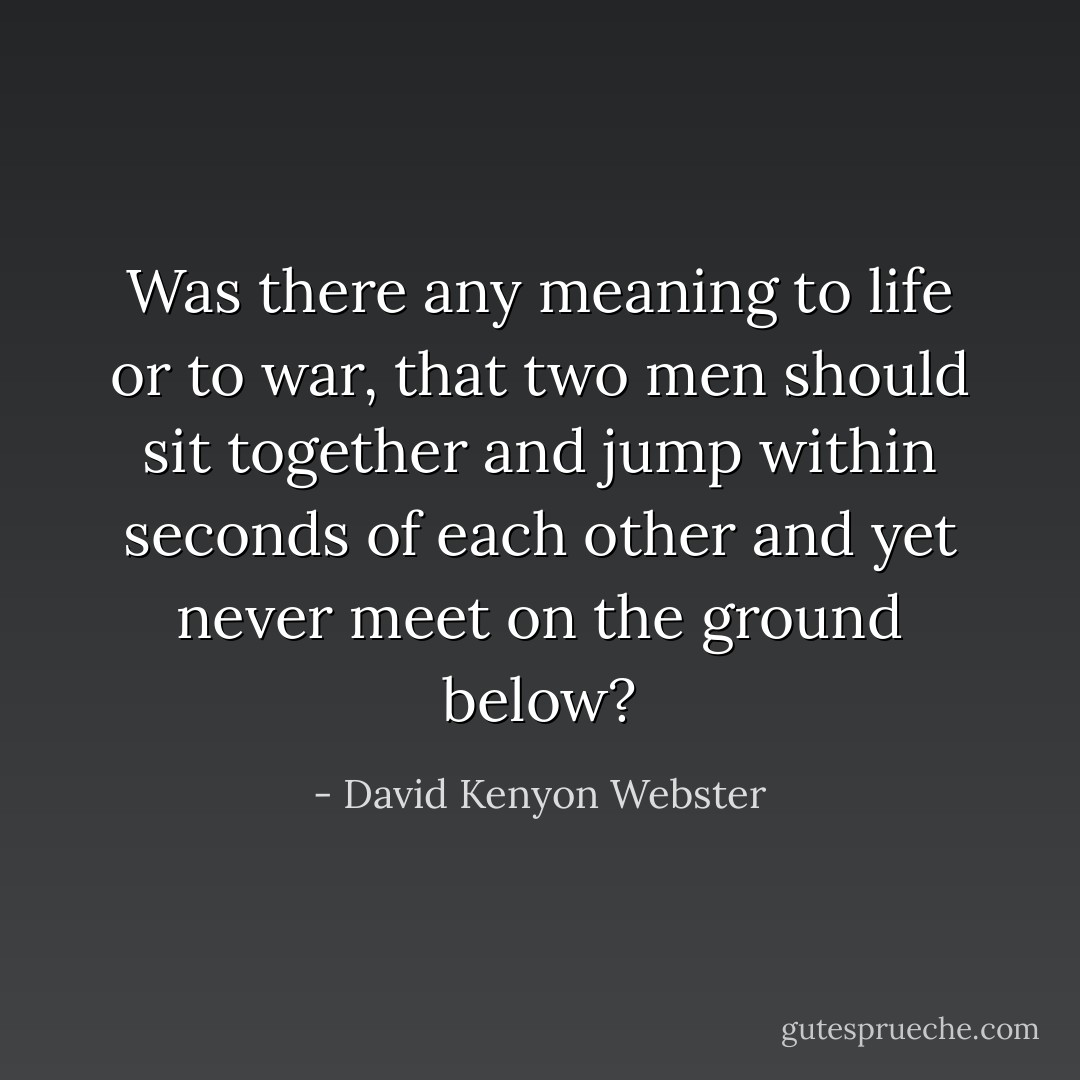 Was there any meaning to life or to war, that two men should sit together and jump within seconds of each other and yet never meet on the ground below? - David Kenyon Webster
