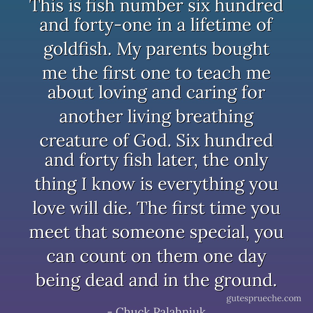 This is fish number six hundred and forty-one in a lifetime of goldfish. My parents bought me the first one to teach me about loving and caring for another living breathing creature of God. Six hundred and forty fish later, the only thing I know is everything you love will die. The first time you meet that someone special, you can count on them one day being dead and in the ground. - Chuck Palahniuk