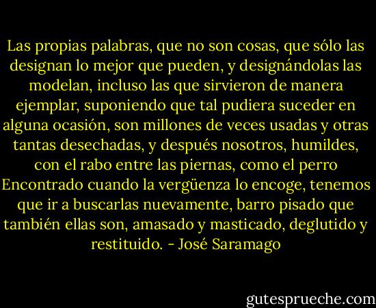 Las propias palabras, que no son cosas, que sólo las designan lo mejor que pueden, y designándolas las modelan, incluso las que sirvieron de manera ejemplar, suponiendo que tal pudiera suceder en alguna ocasión, son millones de veces usadas y otras tantas desechadas, y después nosotros, humildes, con el rabo entre las piernas, como el perro Encontrado cuando la vergüenza lo encoge, tenemos que ir a buscarlas nuevamente, barro pisado que también ellas son, amasado y masticado, deglutido y restituido. - José Saramago