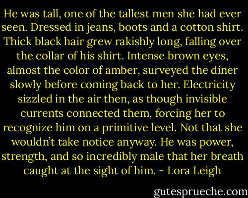 He was tall, one of the tallest men she had ever seen. Dressed in jeans, boots and a cotton shirt. Thick black hair grew rakishly long, falling over the collar of his shirt. Intense brown eyes, almost the color of amber, surveyed the diner slowly before coming back to her. Electricity sizzled in the air then, as though invisible currents connected them, forcing her to recognize him on a primitive level. Not that she wouldn’t take notice anyway. He was power, strength, and so incredibly male that her breath caught at the sight of him. - Lora Leigh