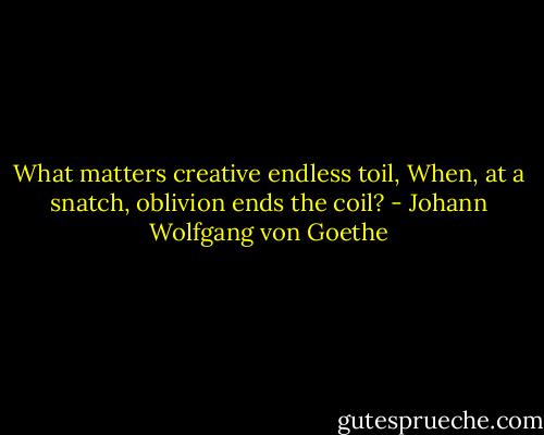 What matters creative endless toil, When, at a snatch, oblivion ends the coil? - Johann Wolfgang von Goethe