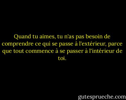 Quand tu aimes, tu n'as pas besoin de comprendre ce qui se passe à l'extérieur, parce que tout commence à se passer à l'intérieur de toi. - Paulo Coelho