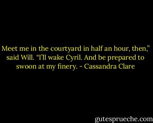 Meet me in the courtyard in half an hour, then,” said Will. “I’ll wake Cyril. And be prepared to swoon at my finery. - Cassandra Clare