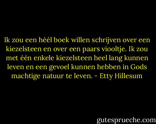 Ik zou een héél boek willen schrijven over een kiezelsteen en over een paars viooltje. Ik zou met één enkele kiezelsteen heel lang kunnen leven en een gevoel kunnen hebben in Gods machtige natuur te leven. - Etty Hillesum