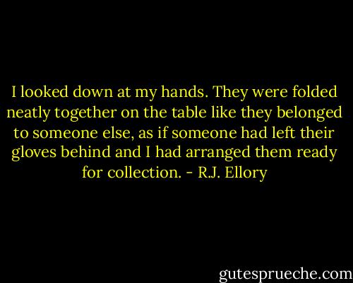 I looked down at my hands. They were folded neatly together on the table like they belonged to someone else, as if someone had left their gloves behind and I had arranged them ready for collection. - R.J. Ellory
